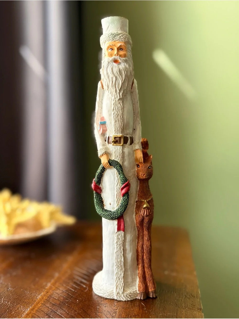 White Slender Santa Vintage Candlestick Holder Figurine with Deer & Wreath